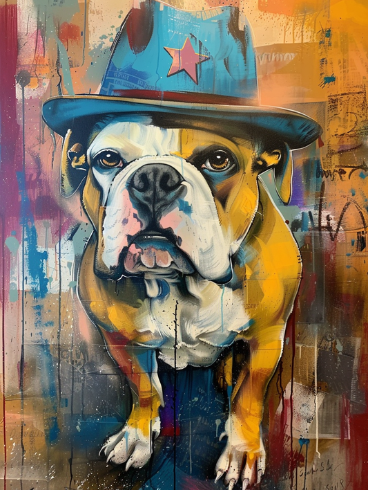 Colorful space Bulldog dog with a hat Expressive surreal Poster # F025048