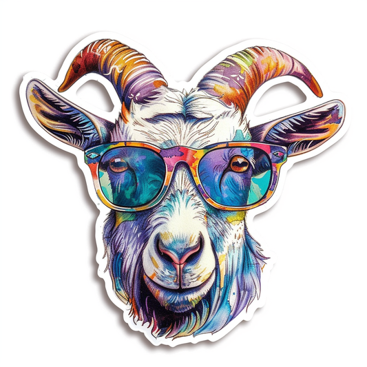 Goat wearing sunglasses Expressive surreal Vinyl Decal Sticker for Car, Laptop, Tumbler and more # F020406-4" x 4"