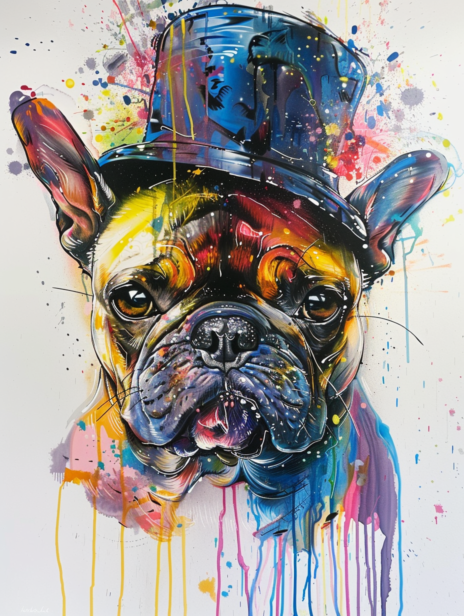 Colorful space Bulldog dog with a hat Expressive surreal Poster # F025556