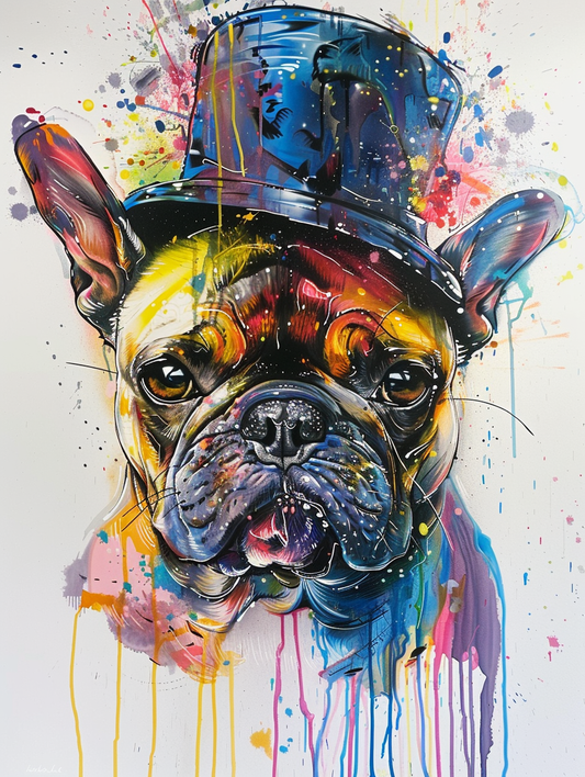 Colorful space Bulldog dog with a hat Expressive surreal Poster # F025556