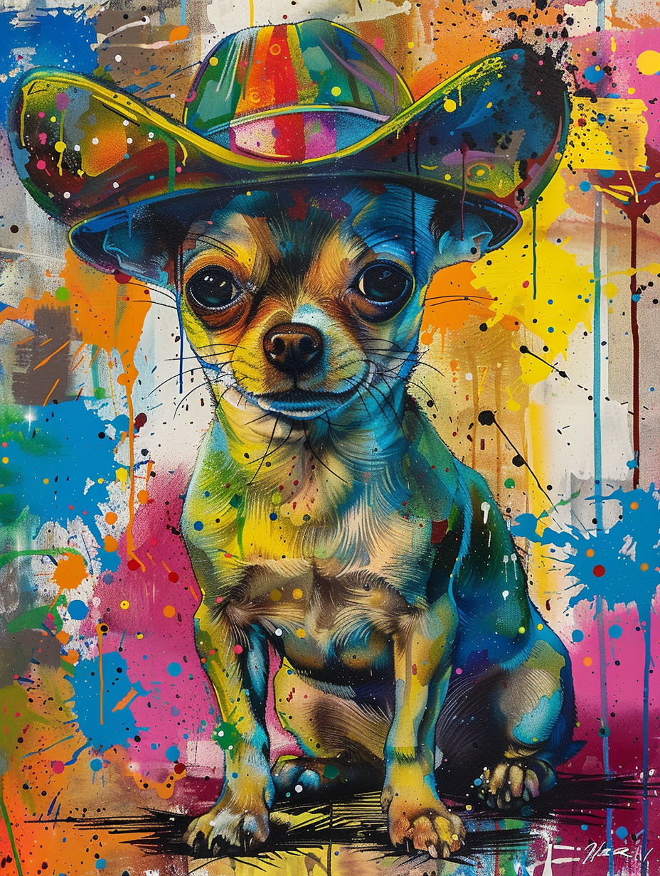Colorful space Chihuahua dog with a hat Expressive surreal Poster # F024457
