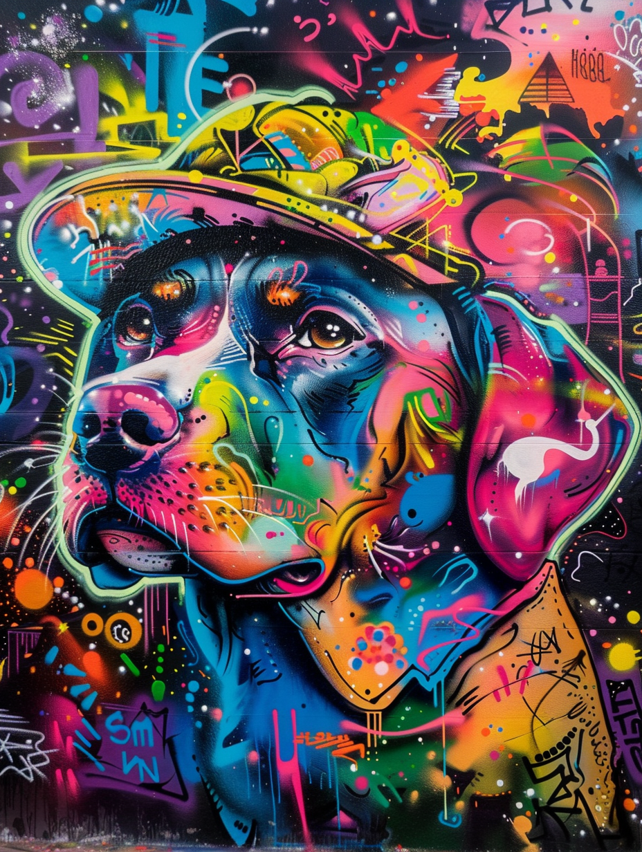 colorful space Labrador Retriever dog with a hat Expressive surreal Poster # F025178