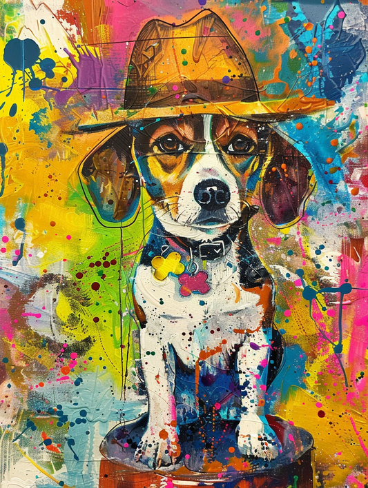 Colorful space Beagle dog with a hat Expressive surreal Poster # F025018