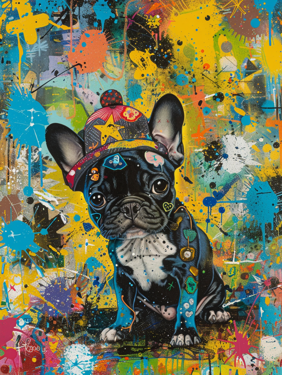 colorful space Boston Terrier dog with a hat Expressive surreal Poster # F024986