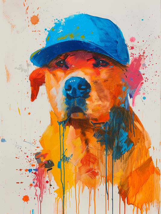 colorful space Labrador Retriever dog with a hat Expressive surreal Poster # F025548