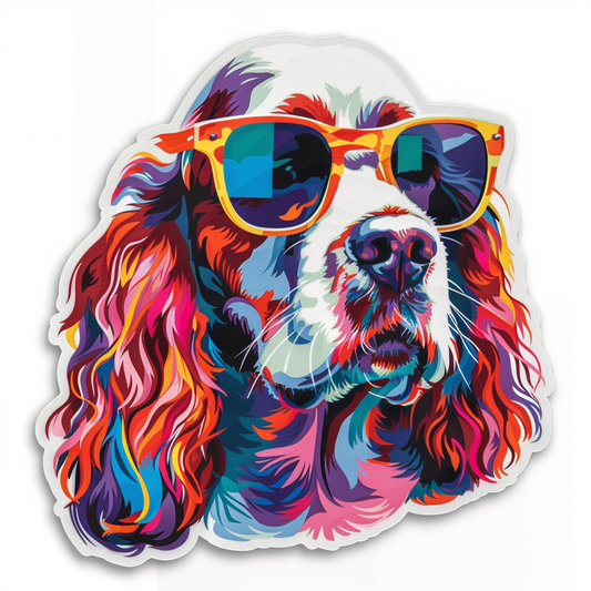 Cocker Spaniel Dog wearing sunglasses Expressive surreal Vinyl Decal Sticker for Car, Laptop, Tumbler and more # F020100-4" x 4"