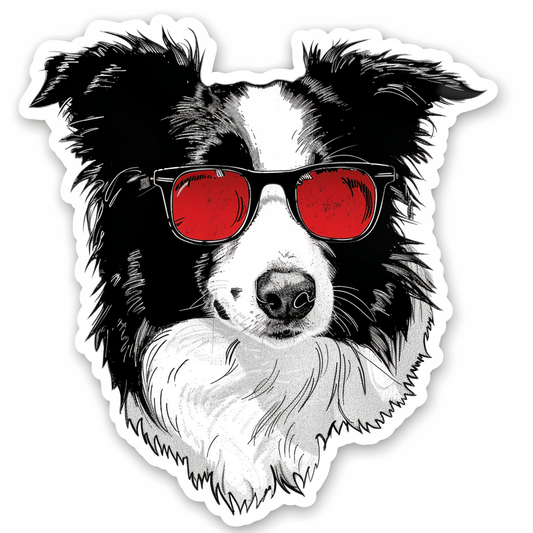 Border Collie Dog wearing sunglasses Expressive surreal Vinyl Decal Sticker for Car, Laptop, Tumbler and more # F021691-4" x 4"