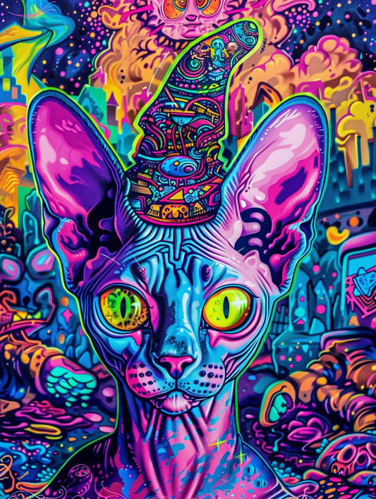 Colorful space Sphynx cat with a hat Expressive surreal Poster # F025300