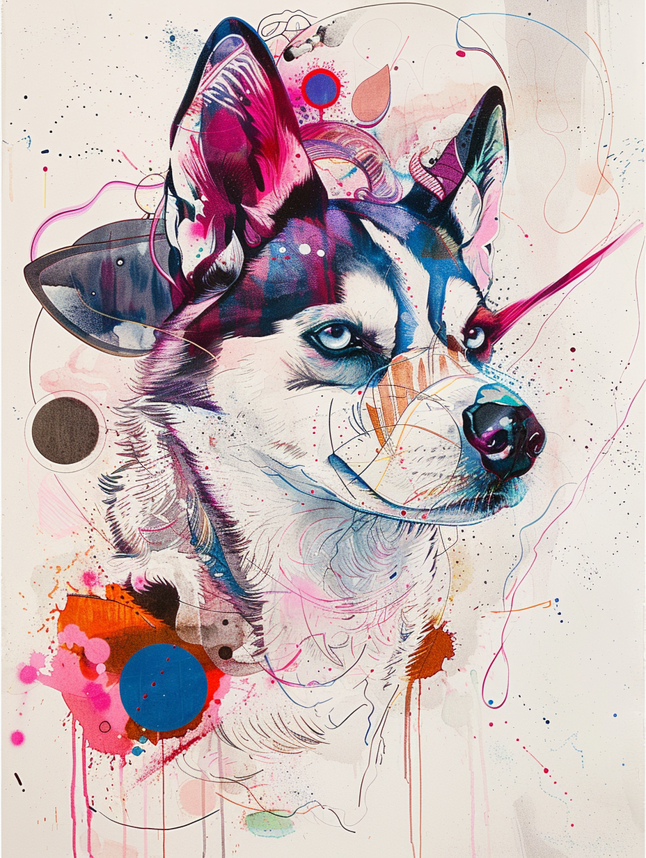 Colorful space Siberian Husky dog with a hat Expressive surreal Poster # F024945