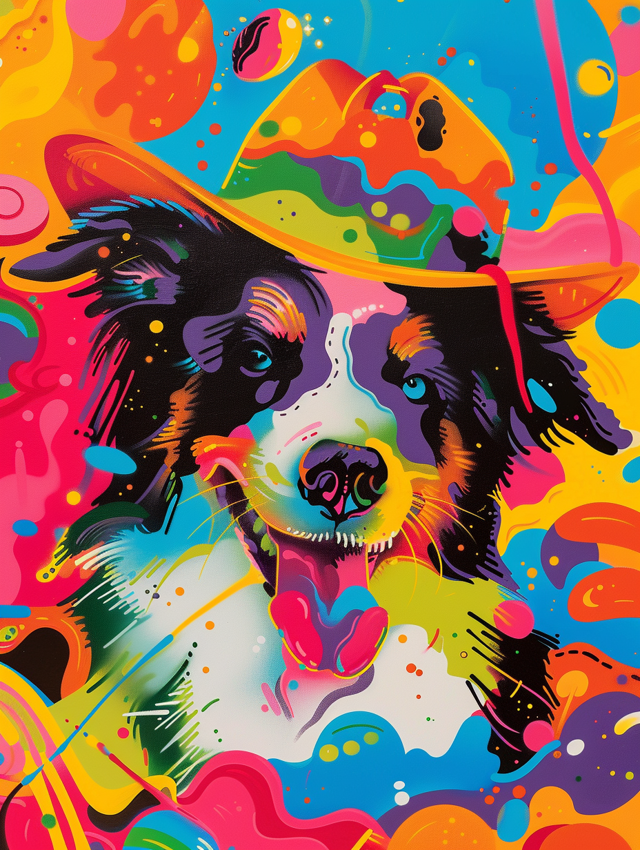 Colorful space Border Collie dog with a hat Expressive surreal Poster # F024563