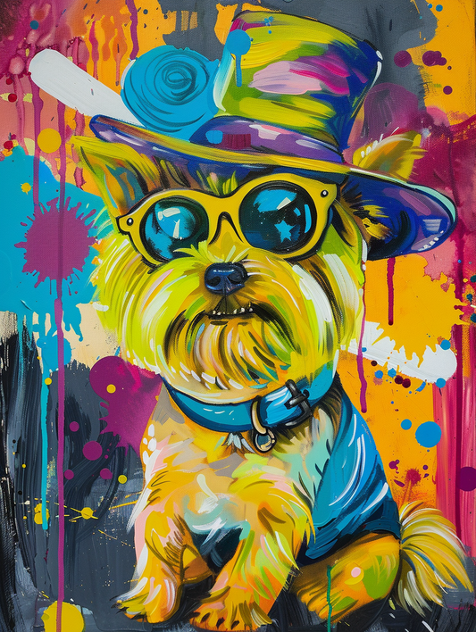 Colorful space Yorkshire Terrier dog with a hat Expressive surreal Poster # F025446