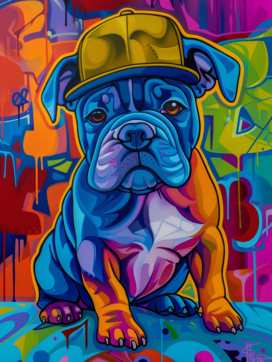 Colorful space Bulldog dog with a hat Expressive surreal Poster # F024903