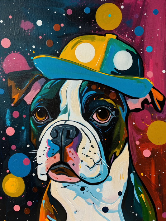 Colorful space Bulldog dog with a hat Expressive surreal Poster # F024885