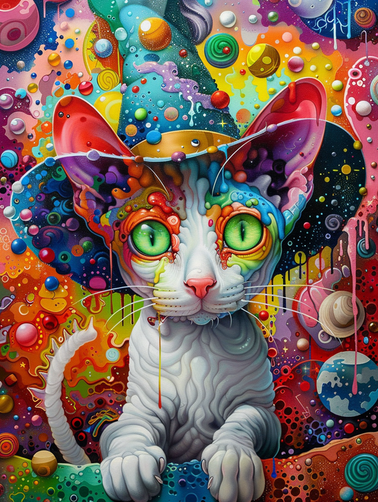 Colorful space Cornish Rex cat with a hat Expressive surreal Poster # F025361