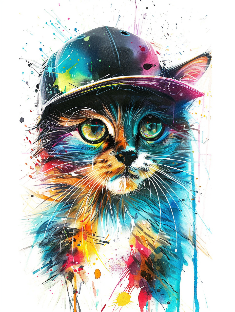 Colorful space Norwegian Forest Cat cat with a hat Expressive surreal Poster # F025381