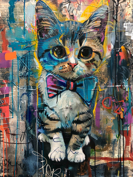 Colorful space American Shorthair cat with a bow Expressive surreal Poster # F024339