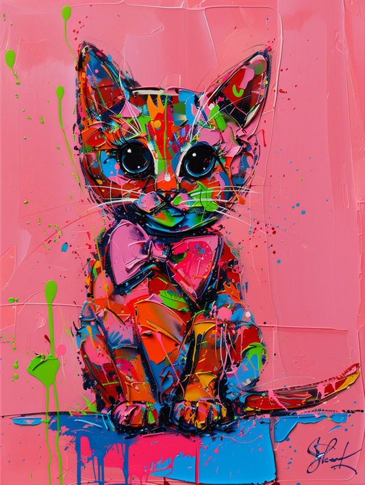 Colorful space Bengal cat with a bow tie Expressive surreal Poster # F024386
