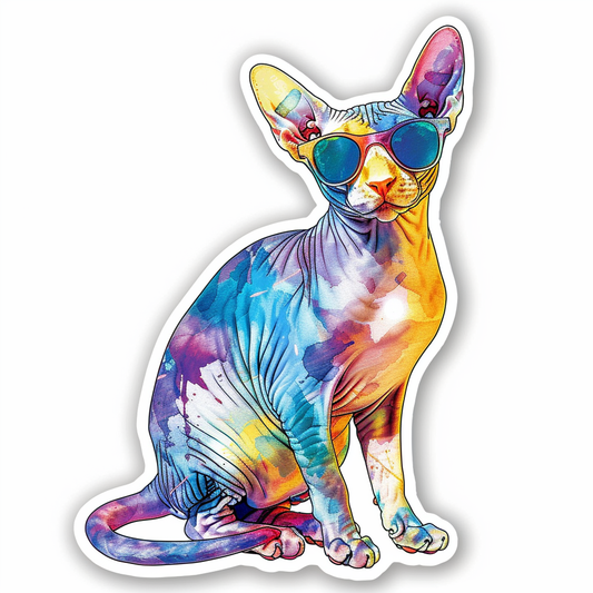 Cornish Rex Cat wearing sunglasses Expressive surreal Vinyl Decal Sticker for Car, Laptop, Tumbler and more # F020746-4" x 4"