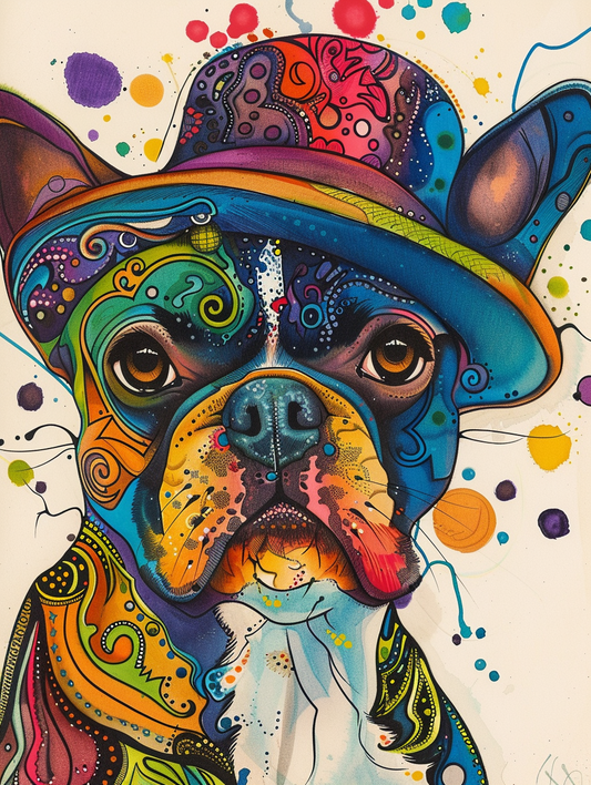 colorful space Boston Terrier dog with a hat Expressive surreal Poster # F025479