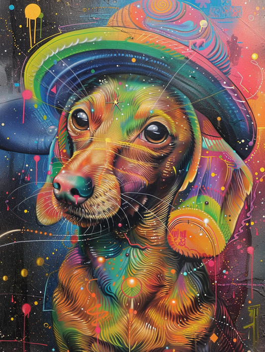 Colorful space Dachshund dog with a hat - Expressive surreal Poster # F025614