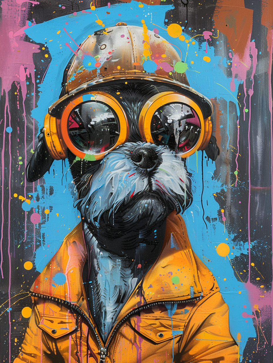 colorful space Miniature Schnauzer dog with a hat Expressive surreal Poster # F025524