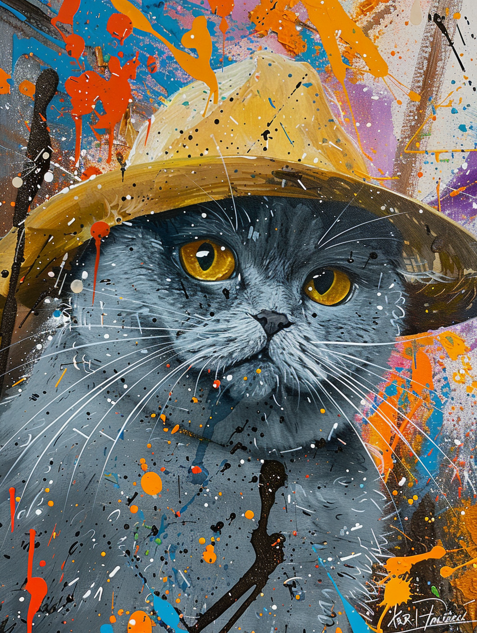 Colorful space British Shorthair cat with a hat Expressive surreal Poster # F025303