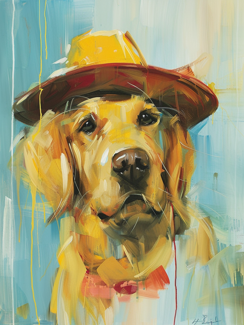 Colorful space Golden Retriever dog with a hat Expressive surreal Poster # F025587