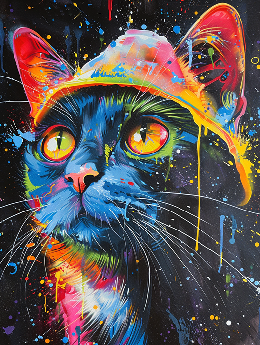 colorful space American Shorthair cat with a hat Expressive surreal Poster # F025226