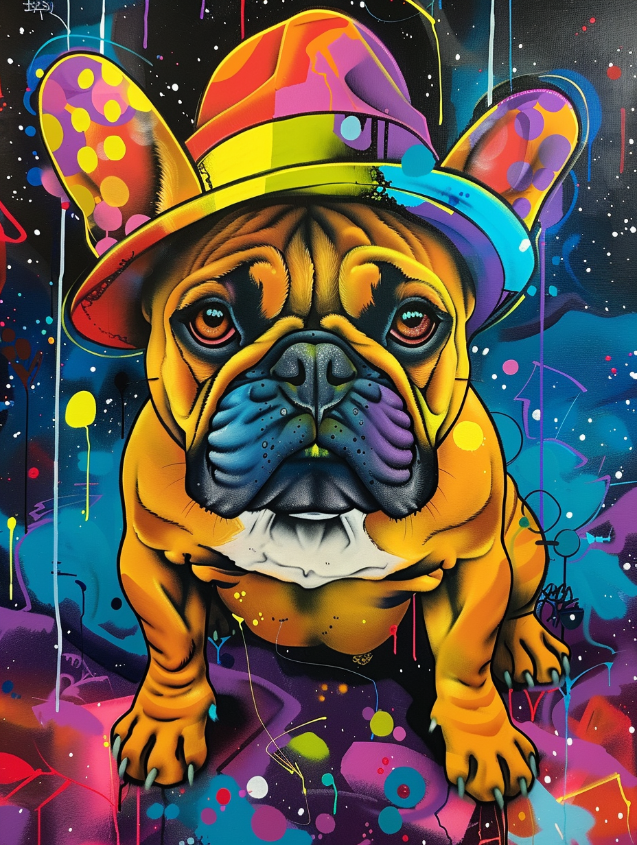 Colorful space Bulldog dog with a hat Expressive surreal Poster # F025033