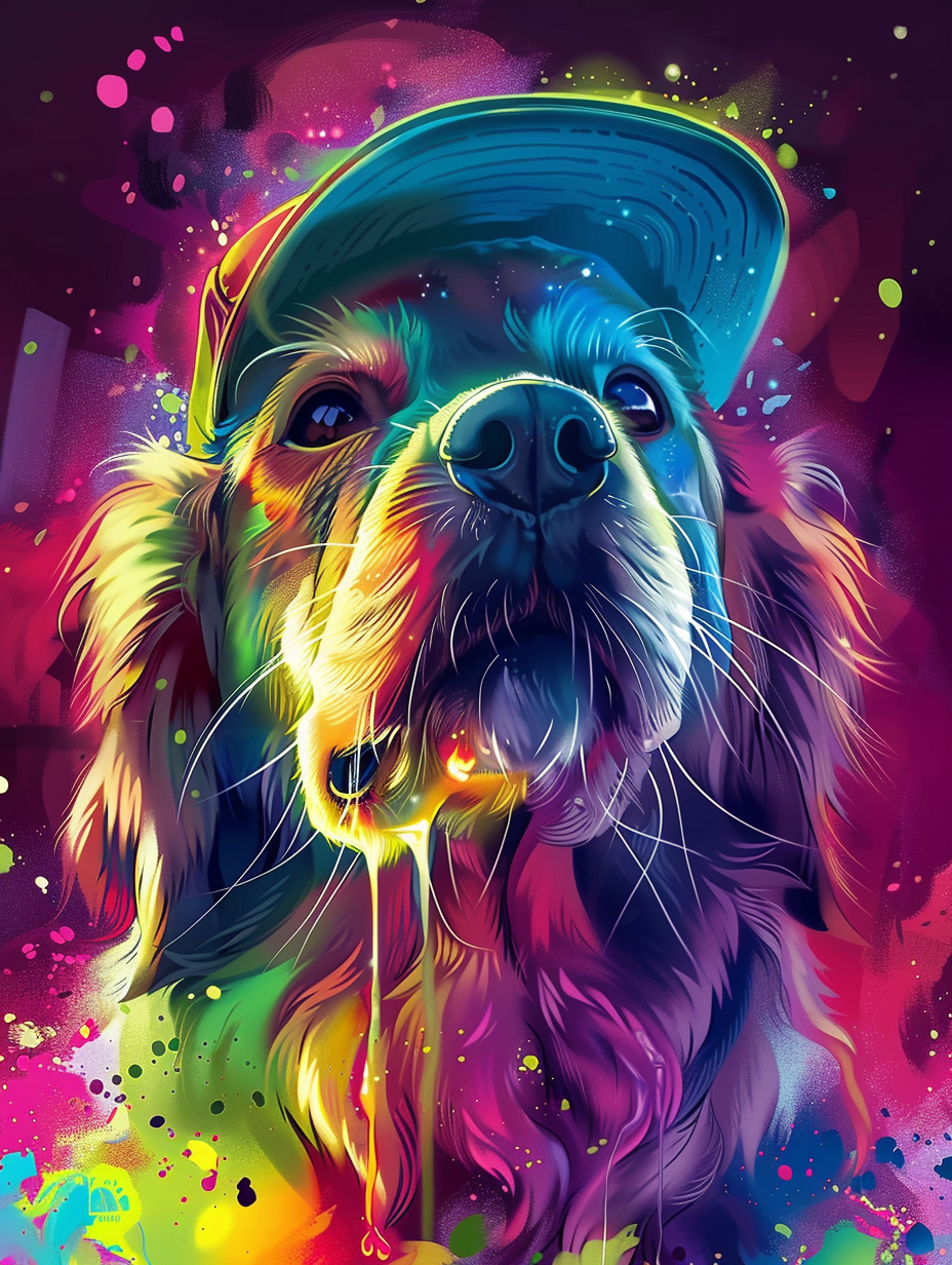 colorful space Golden Retriever dog with a hat Expressive surreal Poster # F025052