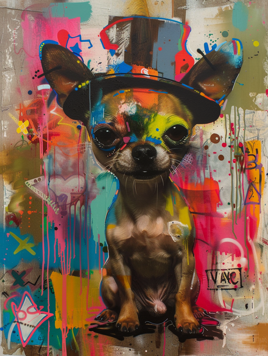 Colorful space Chihuahua dog with a hat Expressive surreal Poster # F025008