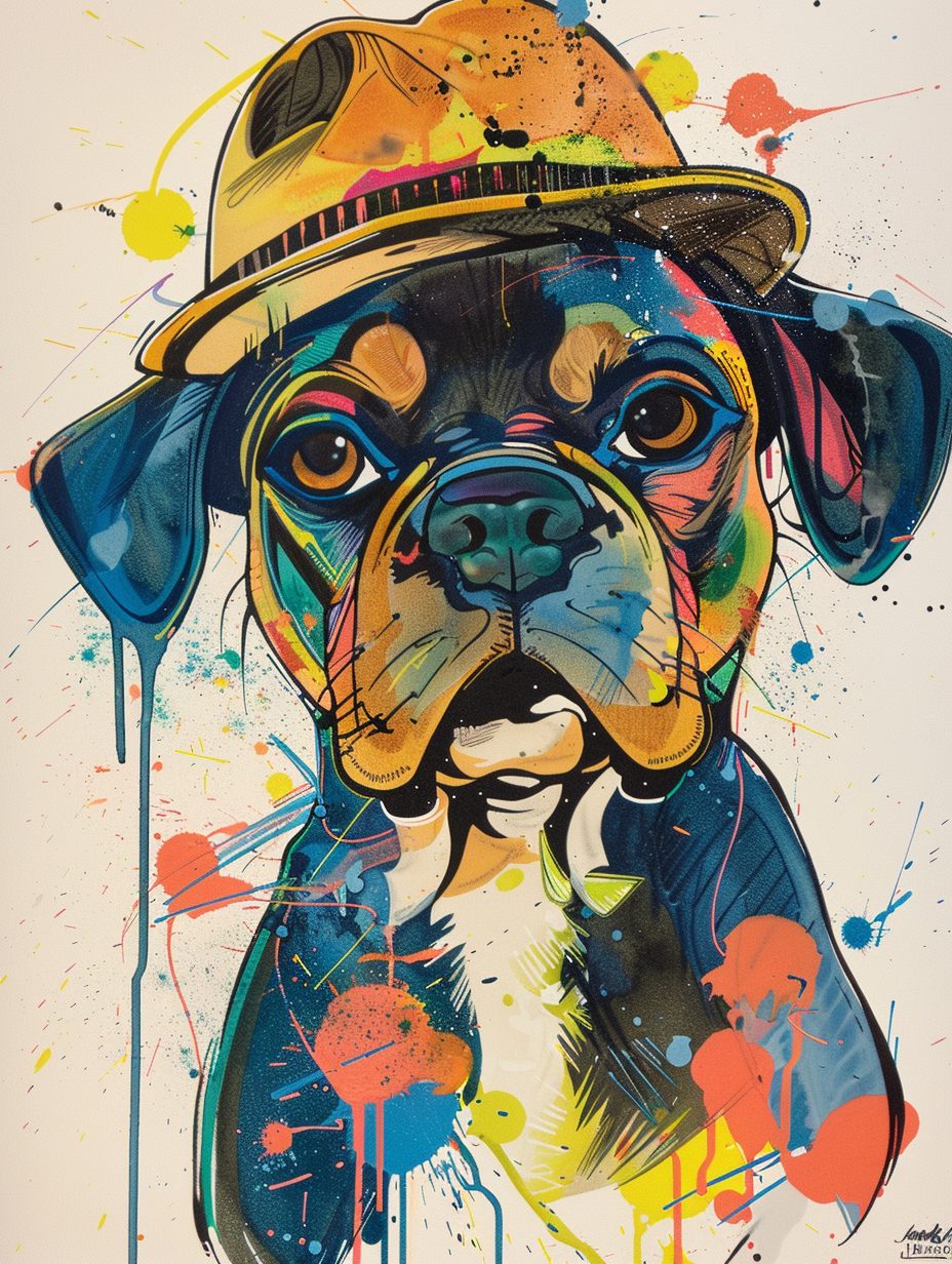 Colorful space Boxer dog with a hat Expressive surreal Poster # F025634