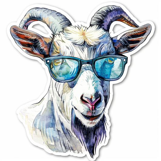 Goat wearing sunglasses Expressive surreal Vinyl Decal Sticker for Car, Laptop, Tumbler and more # F020402-4" x 4"