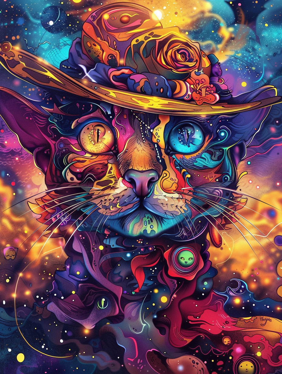 colorful space Bengal cat with a hat by Gotlib Bran Expressive surreal Poster # F024647