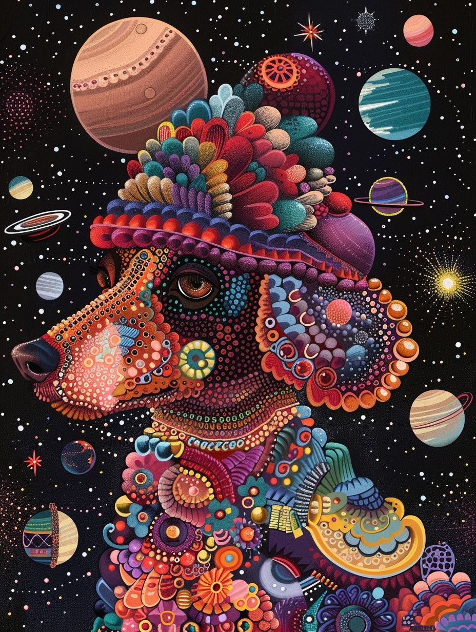 Colorful space Poodle dog with a hat Expressive surreal Poster # F025562