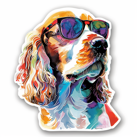 Sticker of a Cocker Spaniel Dog wearing sunglasses Expressive surreal Vinyl Decal Sticker for Car, Laptop, Tumbler and more # F020136
