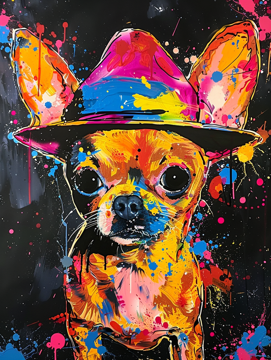 Colorful space Chihuahua dog with a hat Expressive surreal Poster # F024618