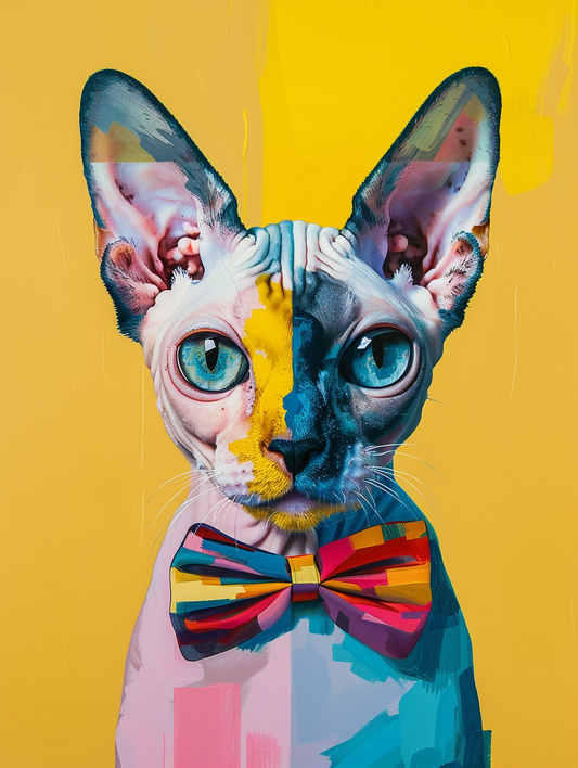 Colorful space Devon Rex cat with a bow tie Expressive surreal Poster # F024395