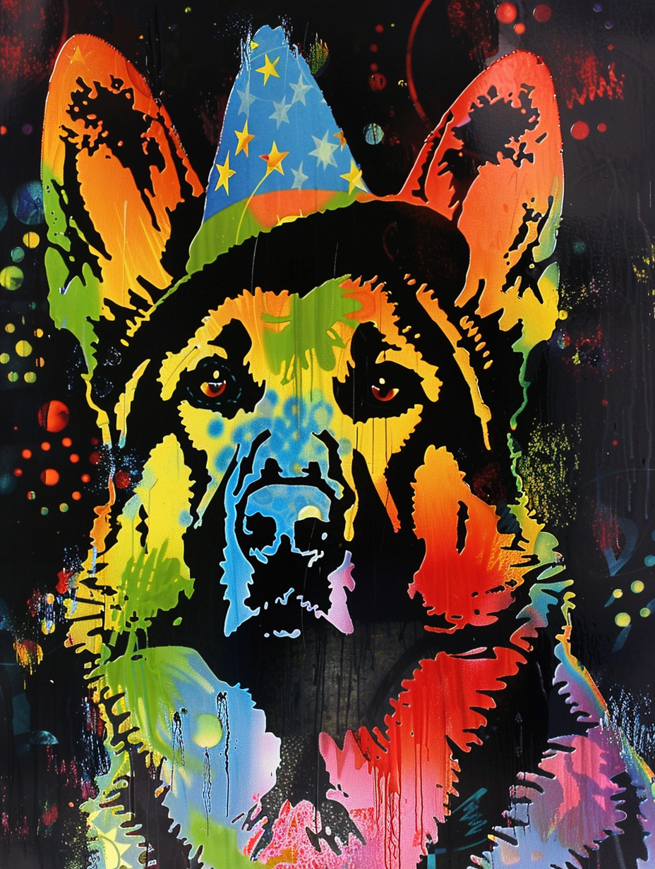 Colorful space German Shepherd dog with a hat Expressive surreal Poster # F025195