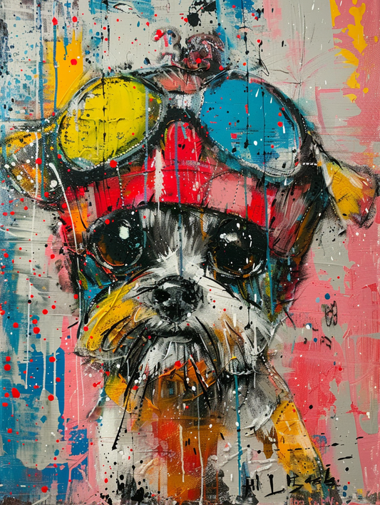 Colorful space Yorkshire Terrier dog with a hat Expressive surreal Poster # F025066