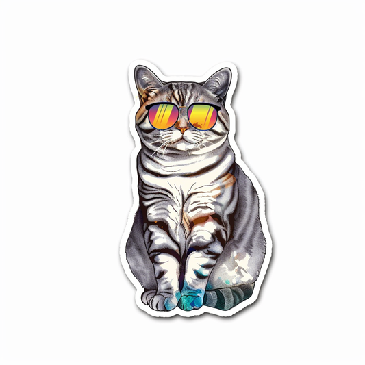 American Shorthair Cat wearing sunglasses Expressive surreal Vinyl Decal Sticker for Car, Laptop, Tumbler and more # F019908-4" x 4"