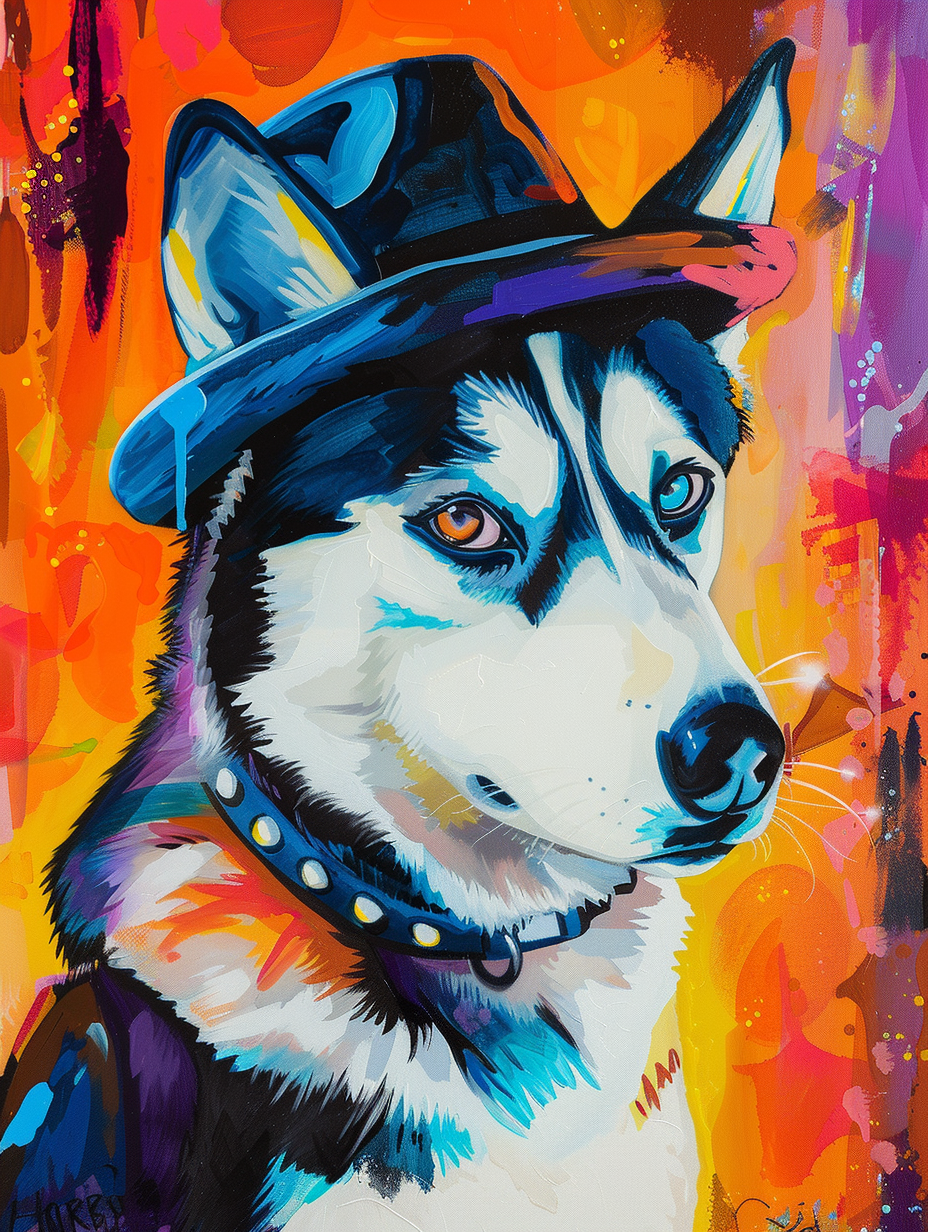 Colorful space Siberian Husky dog with a hat Expressive surreal Poster # F024546