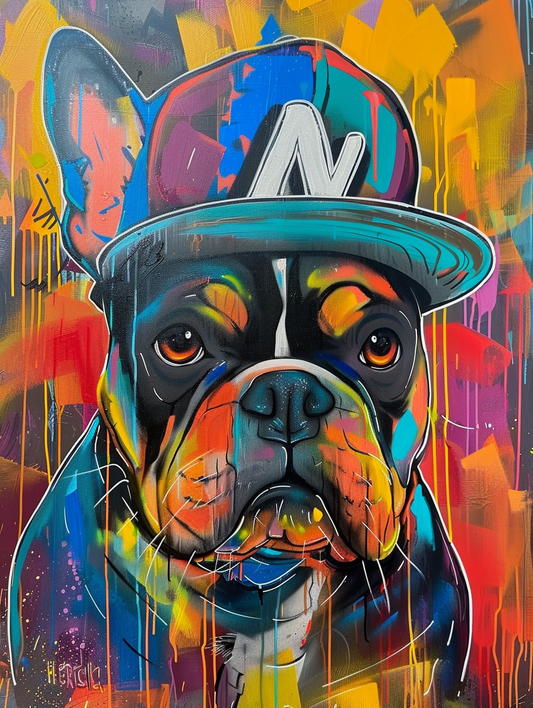 Colorful space Bulldog dog with a hat Expressive surreal Poster # F025545