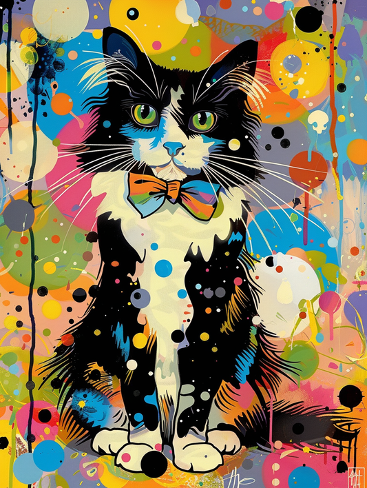 Colorful space Norwegian Forest Cat cat with a bow Expressive surreal Poster # F024362
