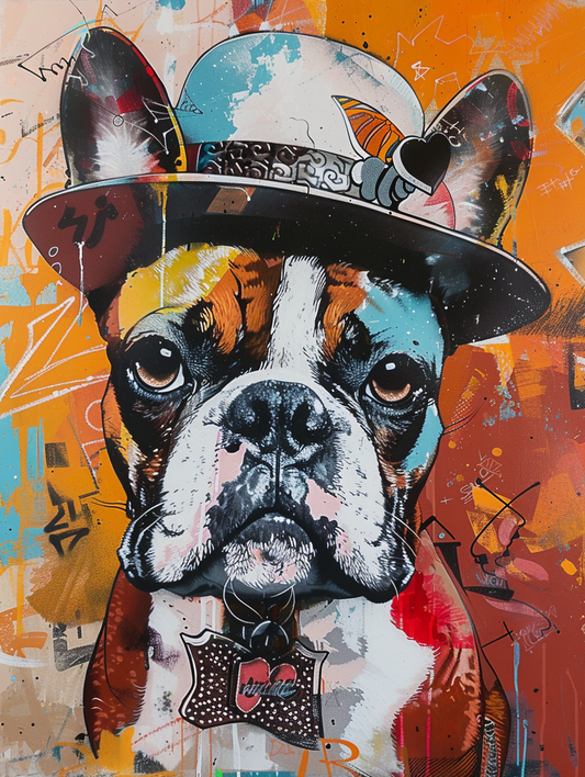Colorful space Boxer dog with a hat Expressive surreal Poster # F024570