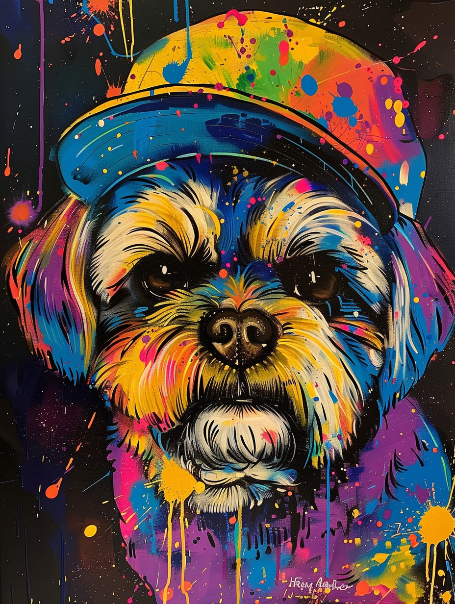 Colorful space Shih Tzu dog with a hat Expressive surreal Poster # F025071