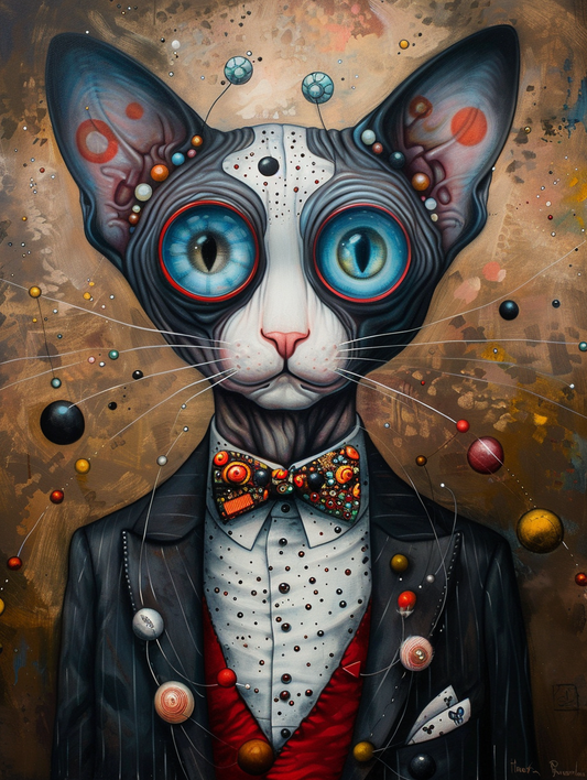 Colorful space Sphynx cat with a bow tie Expressive surreal Poster # F024382