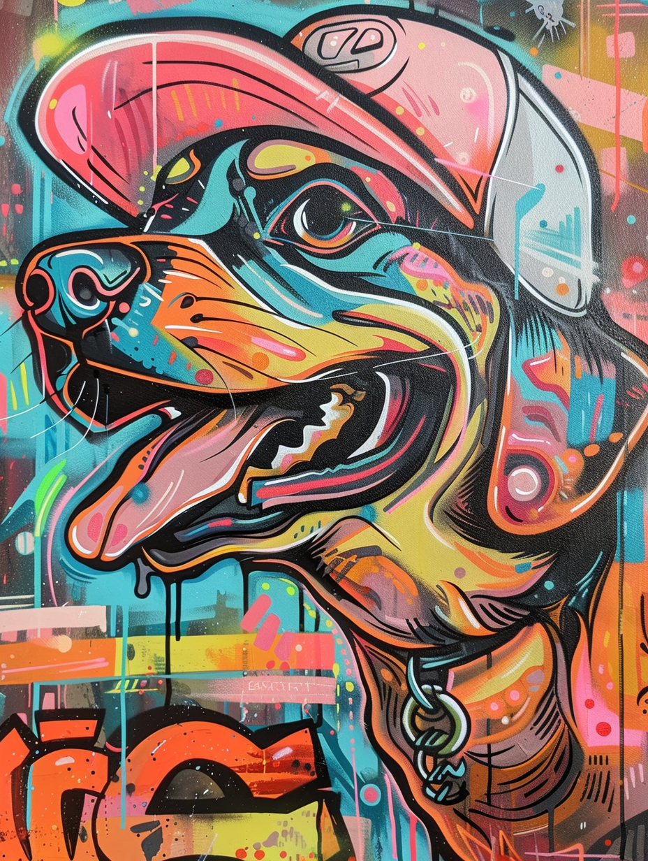 Colorful space Rottweiler dog with a hat Expressive surreal Poster # F024932