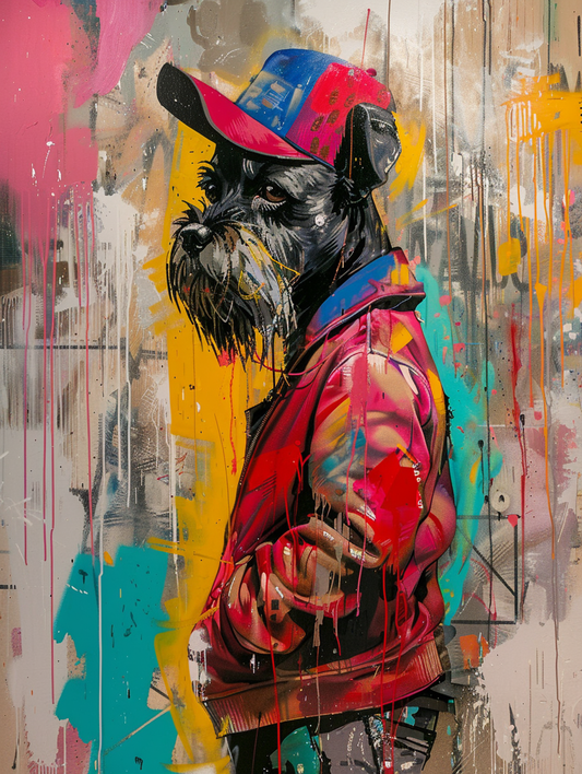 colorful space Miniature Schnauzer dog with a hat Expressive surreal Poster # F025551