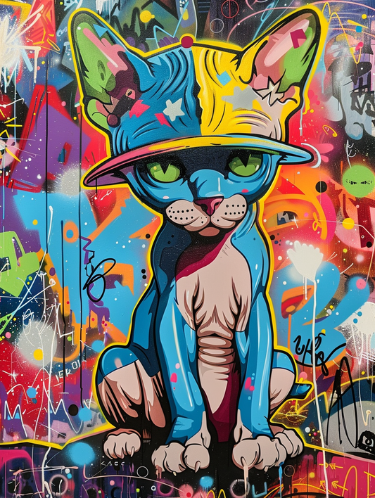 Colorful space Sphynx cat with a hat Expressive surreal Poster # F025316